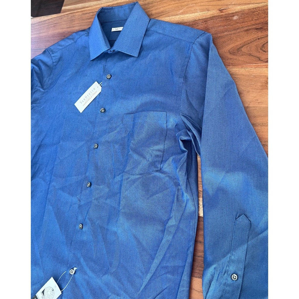 Van Heusen Mens Wrinkle Free Dress Shirt Blue Textured Long Sleeve Small 14-14.5
